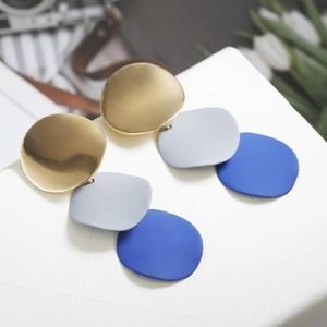 Blue, Gray, and Gold Circle Drop Alloy Earrings